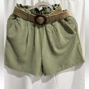 Fast Perry Khaki High-Waisted Paperbag Shorts with Braided Belt – Size M